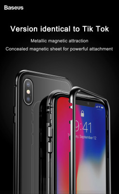 Твърди гърбове Твърди гърбове за Apple Iphone Луксозен алуминиев бъмпър от 2 части с магнити и стъклен протектор гръб оригинален BASEUS Magnetic Hardware Case за Apple iPhone X / Apple iPhone XS черен